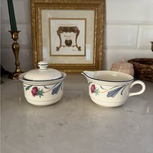 Lenox Chinastone Poppies on Blue- USA- Creamer & Sugar Bowl with Lid.